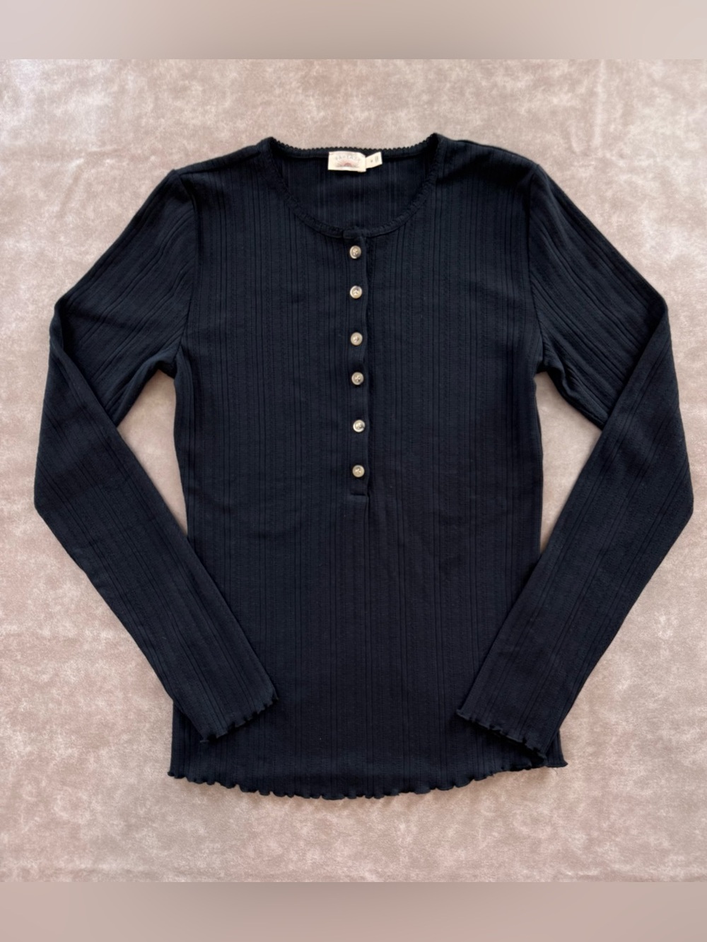 Faherty Black Organic Cotton Ribbed Henley Long Sleeve Top Medium